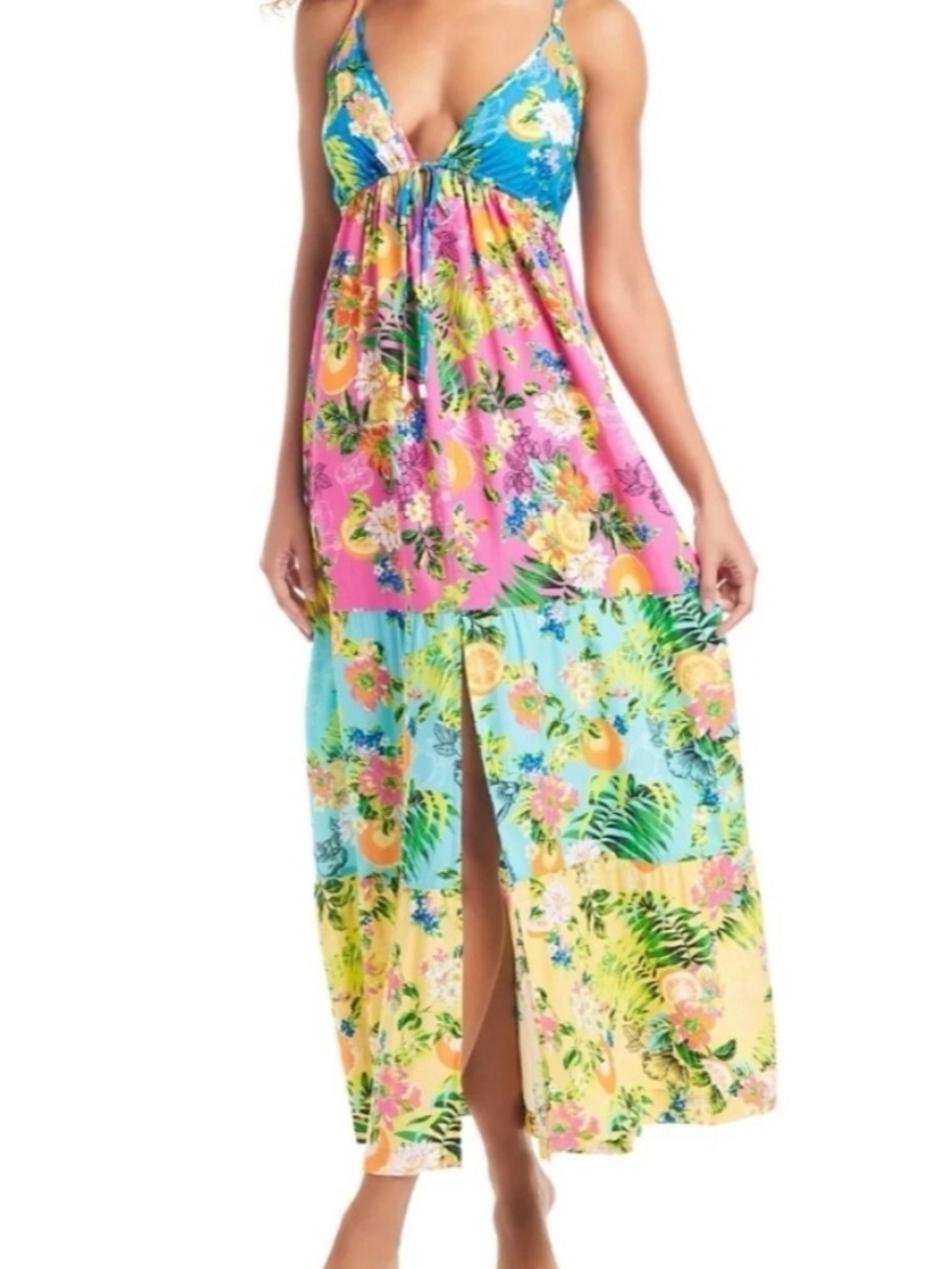 Bar III Women’s Tropical Colorblock Floral Maxi Dress with Spaghetti Straps Sz S